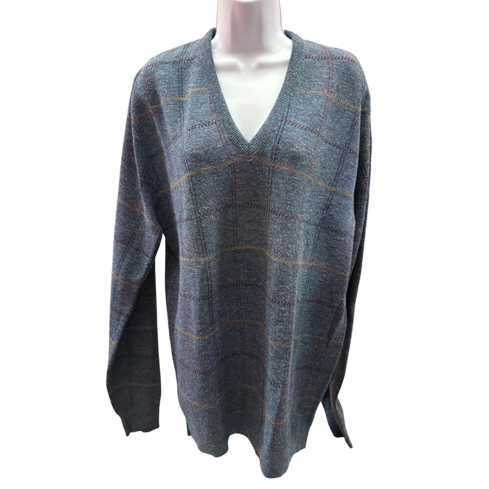 ROBERT BRUCE Made in USA Men's XL Gray Plaid V-neck Sweater